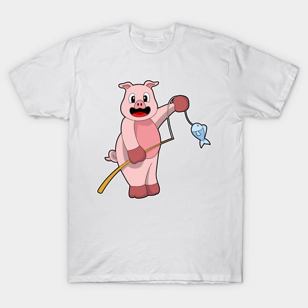 Pig at Fishing with Fishing rod & Fish T-Shirt by Markus Schnabel